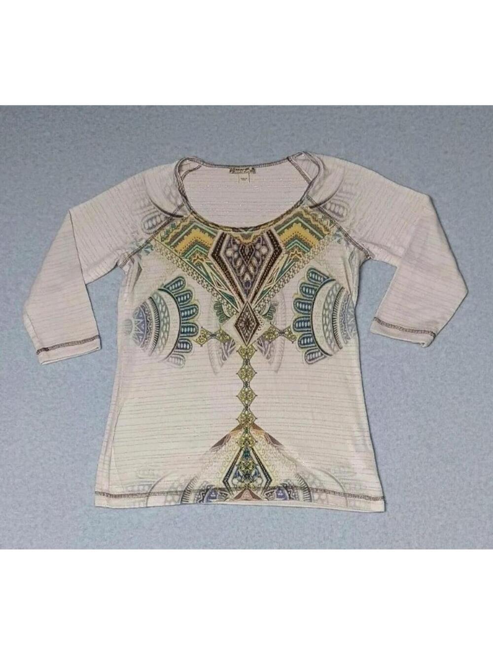 Energe World Wear 3/4 Sleeve Blouse Womens Size Medium Tan And Multicolor...